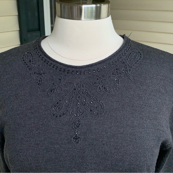 Pendleton 100% Merino Wool Beaded Sweater Women’s Size Large Charcoal Gray Crew - Picture 2 of 6